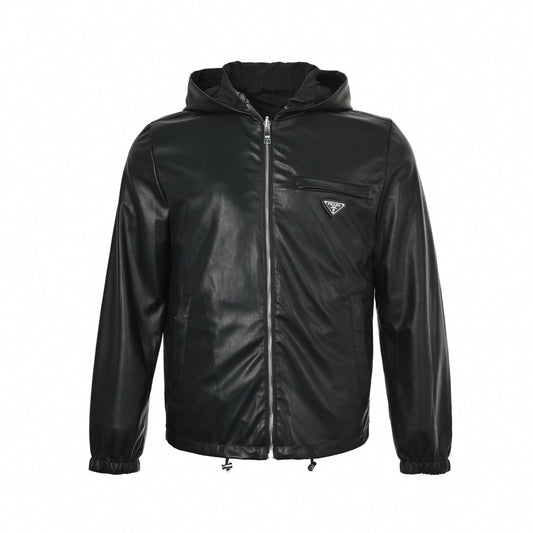 Reversible Hooded Jacket – Black Leather & Nylon Dual-Finish