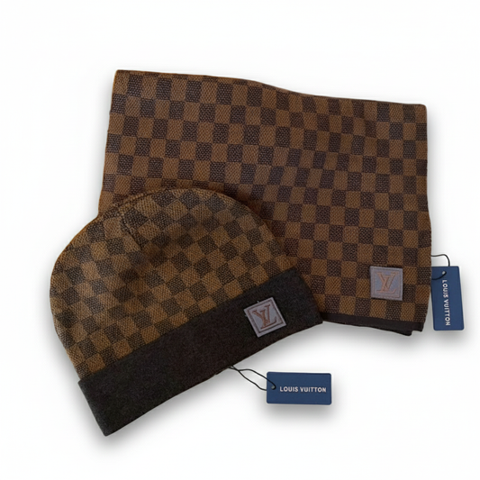 Brown Néo Petit Damier Beanie & Scarf Set